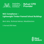 Green tile reads: NCC Compliance –  Lightweight Timber-framed School Buildings. 1 Formal CPD Point.