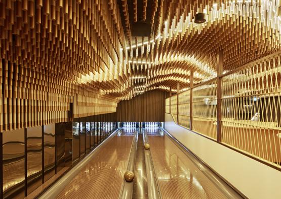 a bowling alley with a bowling ball in it