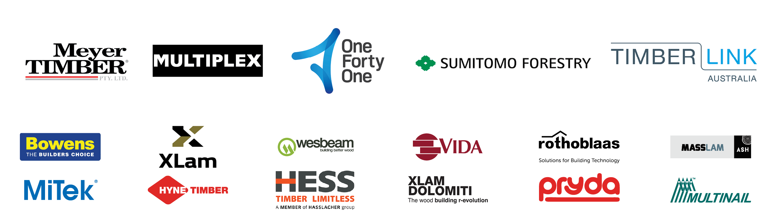 MAP Partner logos Meyer timber logo, Multiplex logo, One Forty One logo, Sumitomo forestry logo, Timber link logo, Bowens logo, XLam logo, Wesbeam logo, Vida logo, Rothoblaas logo, Masslam logo, MiTek logo, Hyne Timber logo, HESS logo, XLAM dolomiti logo, Pryda logo, Multinail logo.