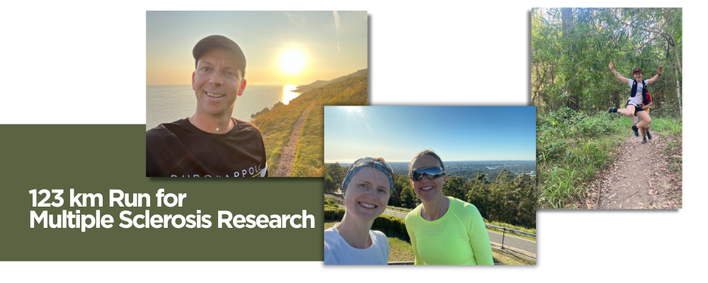 Text: 123 km Run for Multiple Sclerosis Research with three photos of the runners out on the tail
