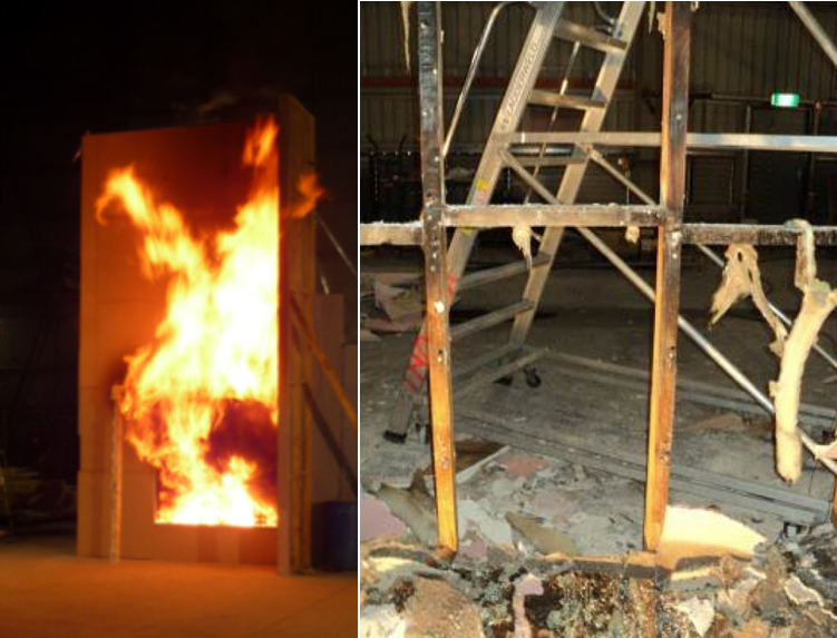 Timber studs protected by fire-grade plasterboard damage after 2 hours of fire exposure