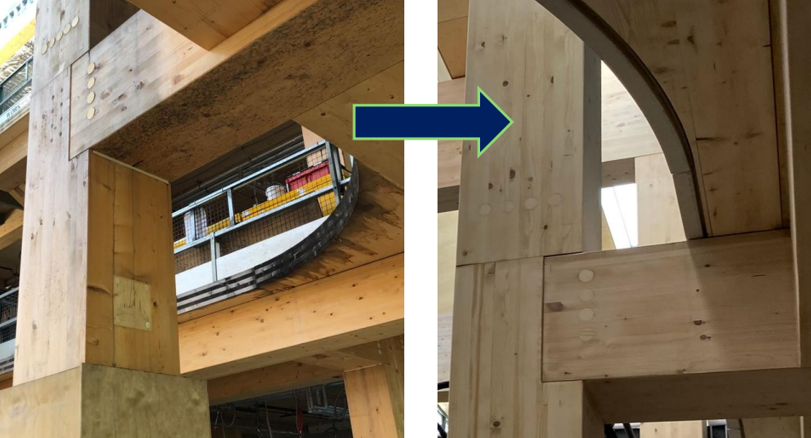 Before and after image of mould-affected Glulam remediated by the cleaner 