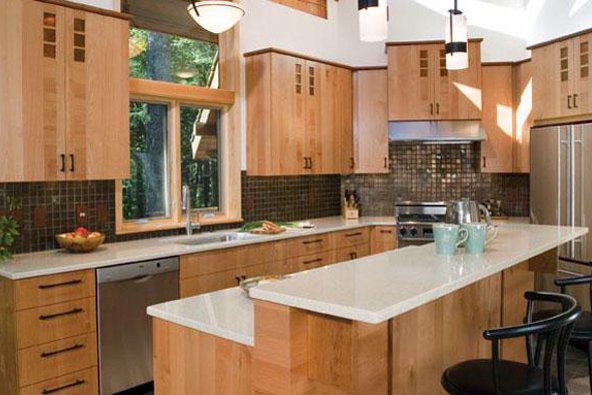 a kitchen with wooden cabinets and a countertop