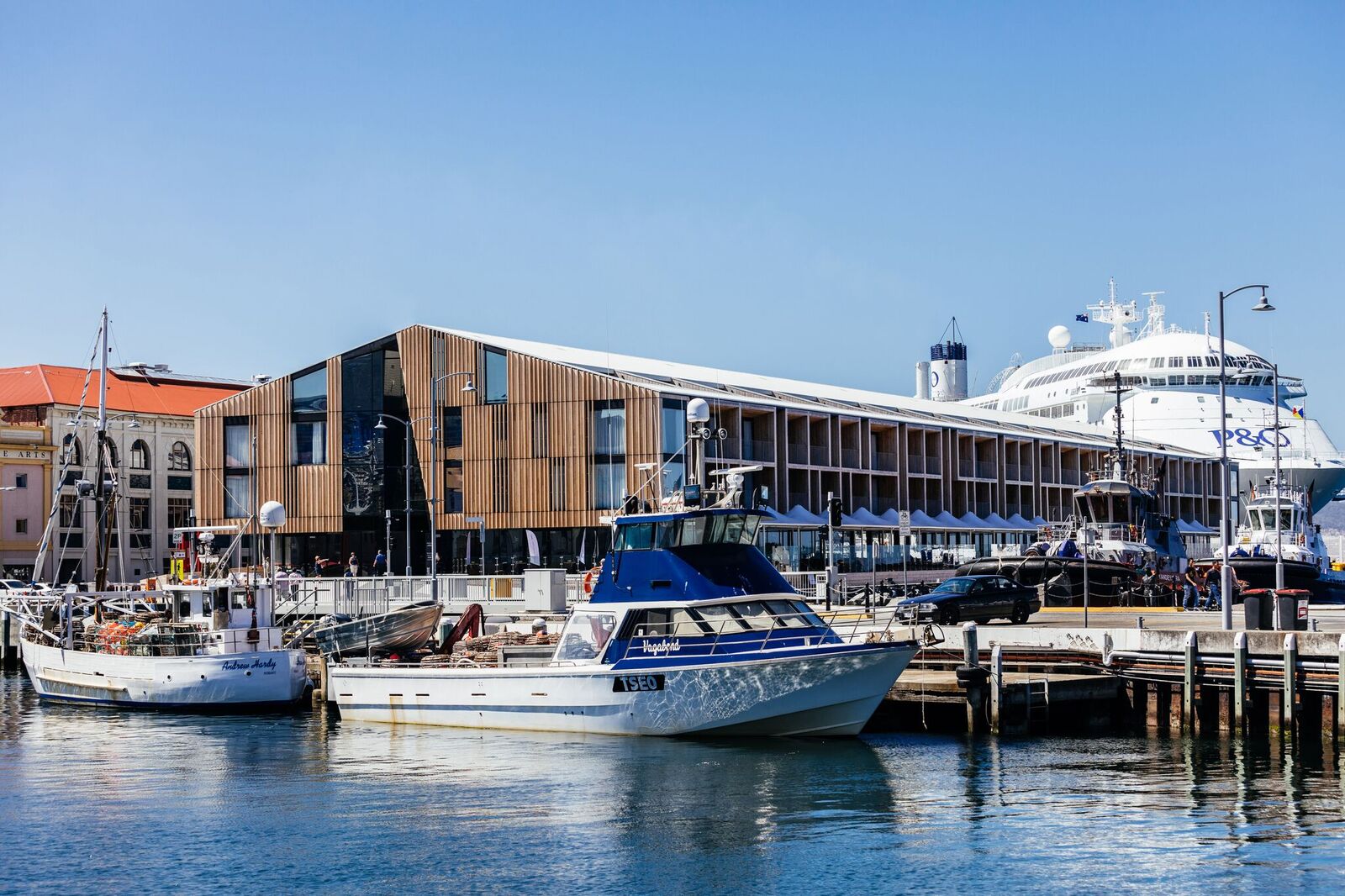 boats in a harbor with a building and boats