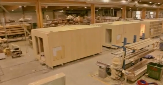 The factory floor, showing CLT modules under construction