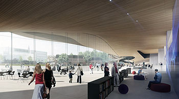 The dynamic wooden roof undulates over the inviting main entry to the proposed Helsinki Central Library by ALA Architects