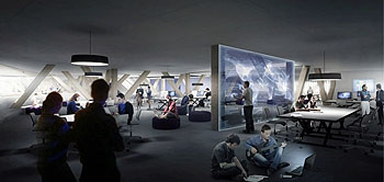 The specific program spaces such as workshops and studios sit within the huge wooden truss structure in the middle floor of the complex