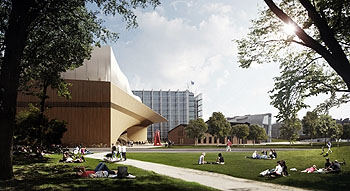 Sitting behind the proposed library is the glass curtain wall of the Sanomatalo building (left) and the zinc clad Kiasma Museum by Steven Holl Architects (right)