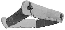 Laser scanning image of the base frame with the mortise and tenon corner joints  during the excavation. The corner joints consist of a projecting piece of wood fed through a hole in the plank and secured with a wooden nail.