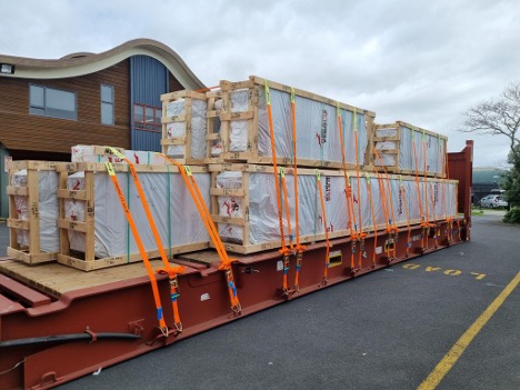 Elements packed on Flat Rack for shipping in Auckland, New Zealand. Source: Red Stag TimberLab.