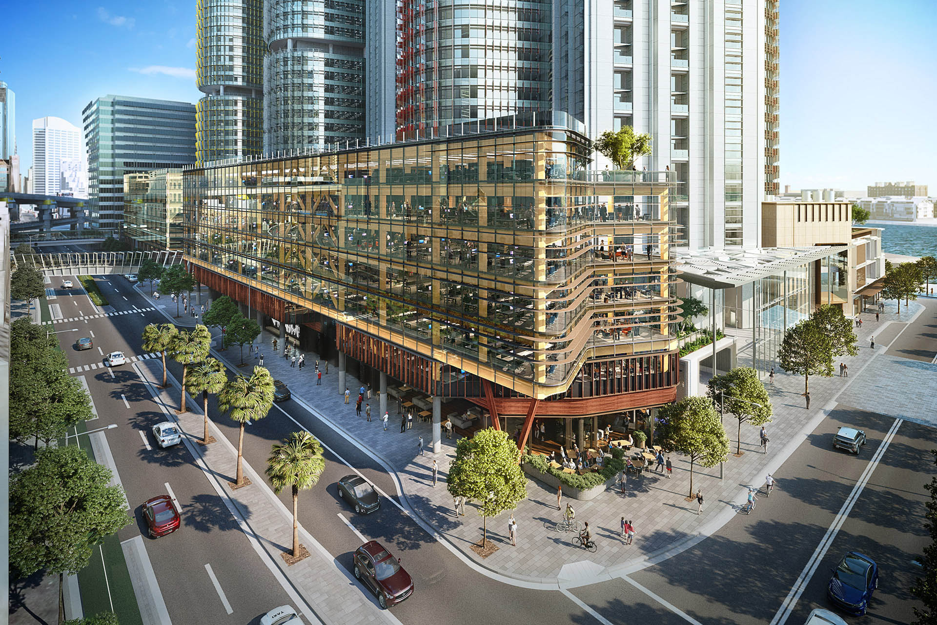 a building with glass walls and trees and people walking on the street