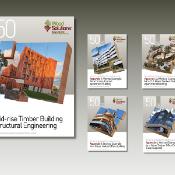 Cover pages of WoodSolutions Technical Design Guide 50 and Appendices 1-4