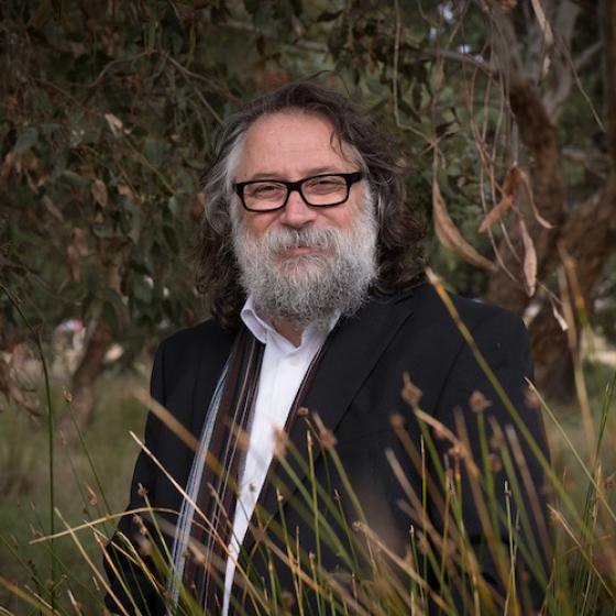 a man with a beard and glasses standing in a grassy area