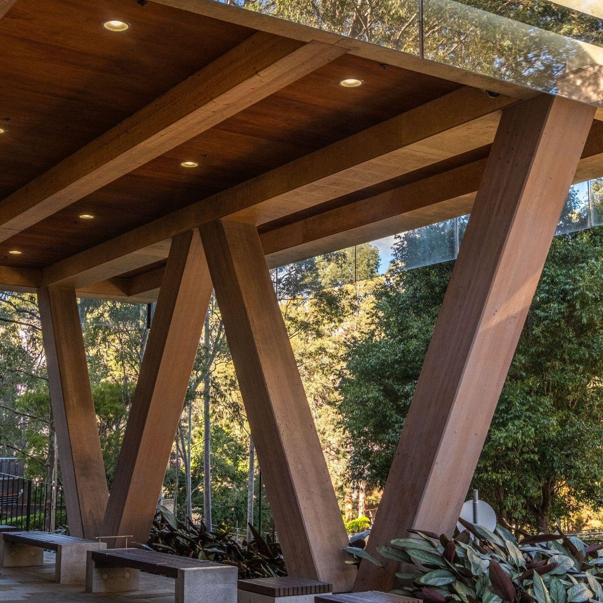 Macquarie University Ainsworth Building external Glulam columns 