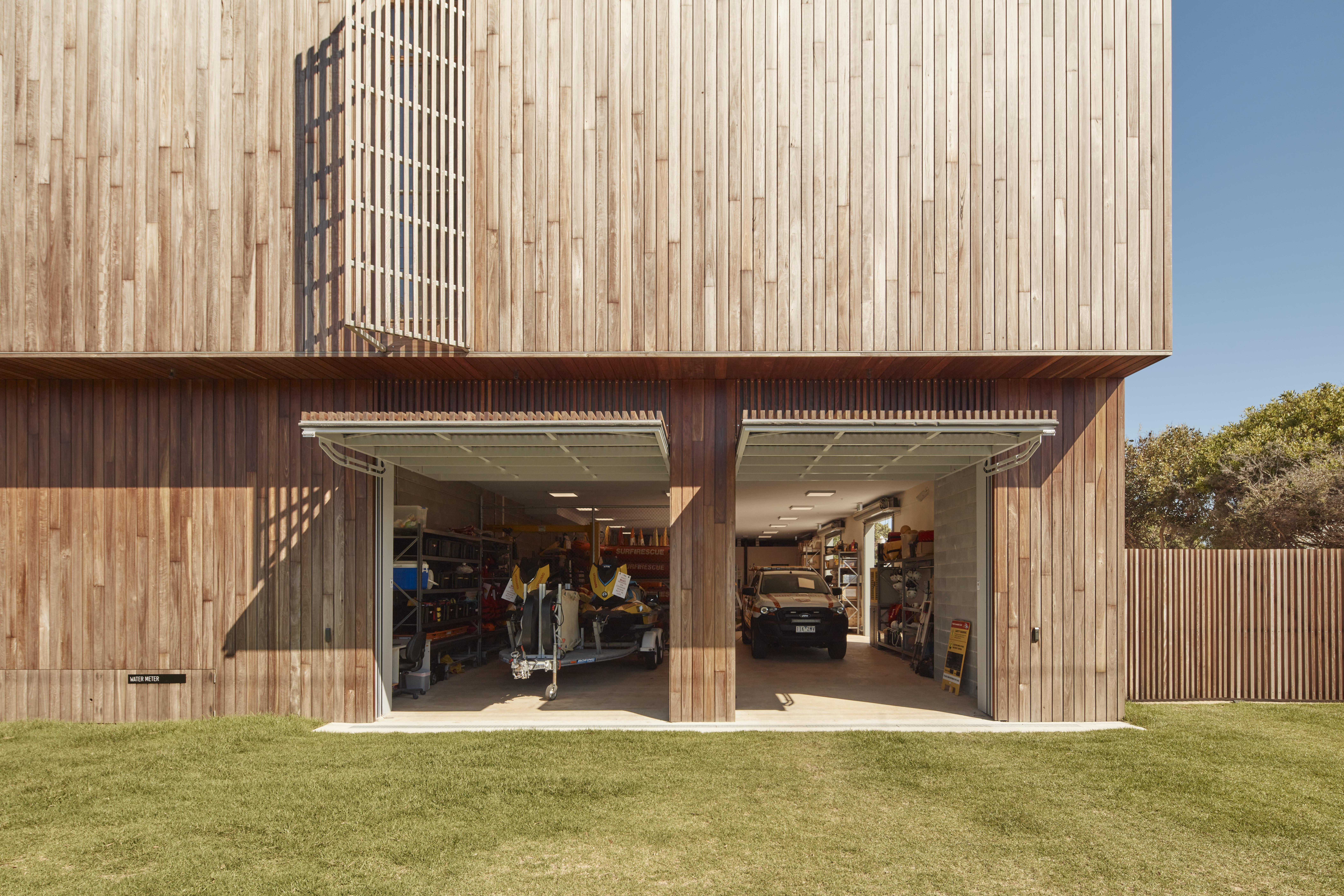 a garage with a car parked in the garage