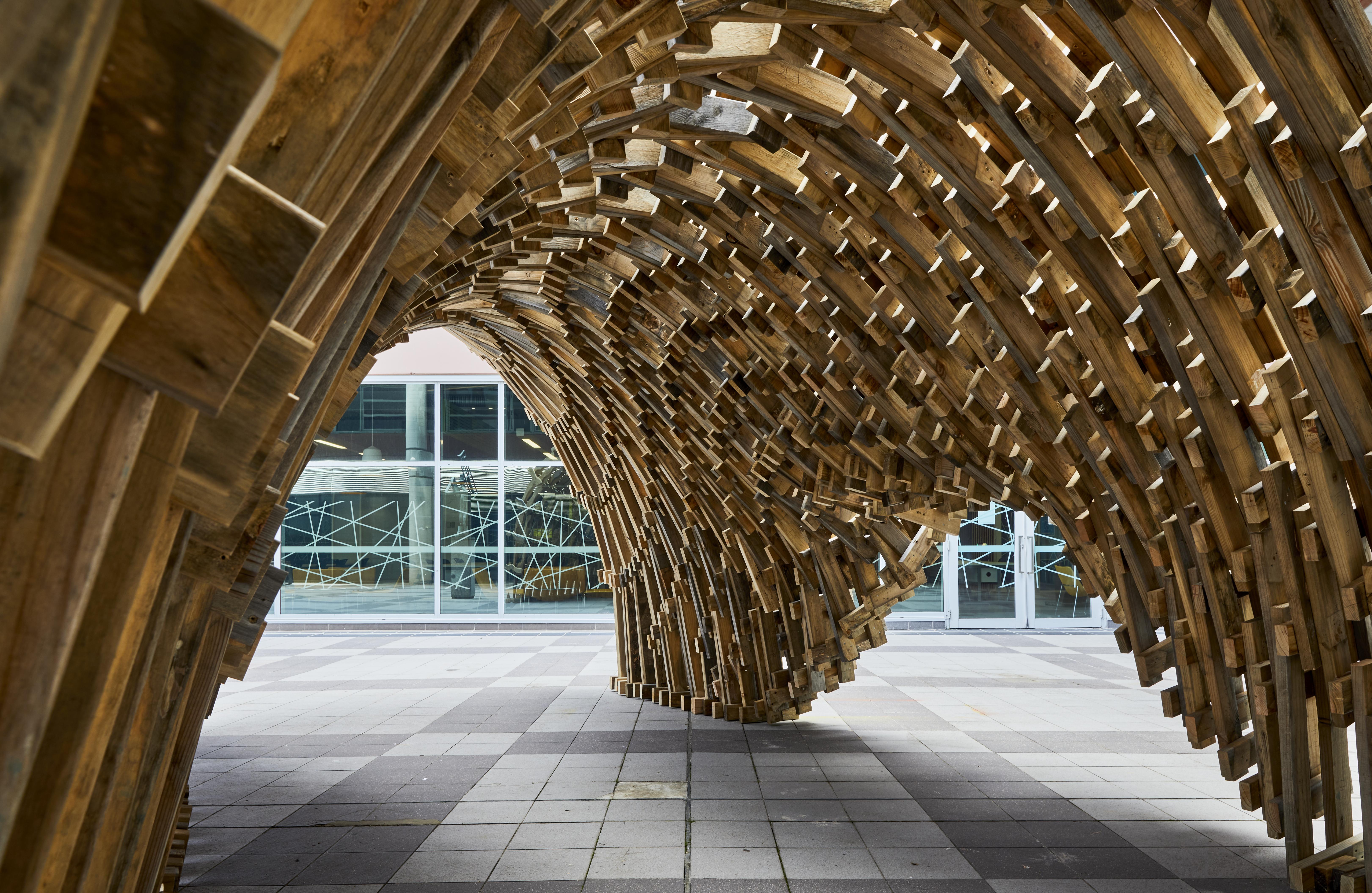 a wooden structure with a tile floor