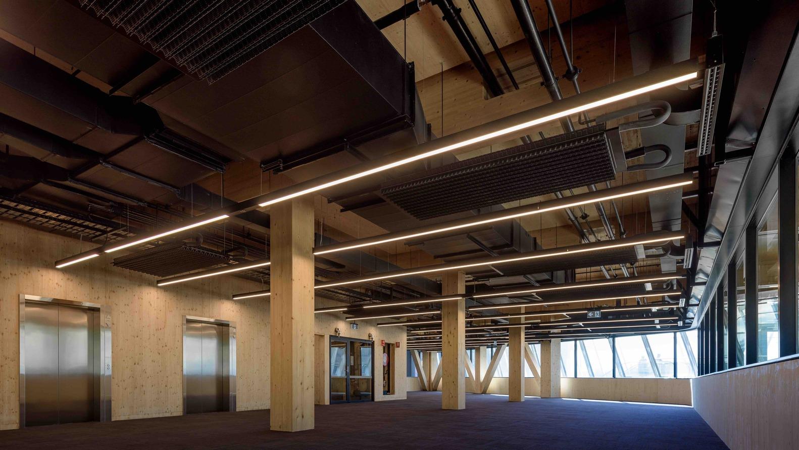 interior view of glulam and CLT components at Sydney's International House