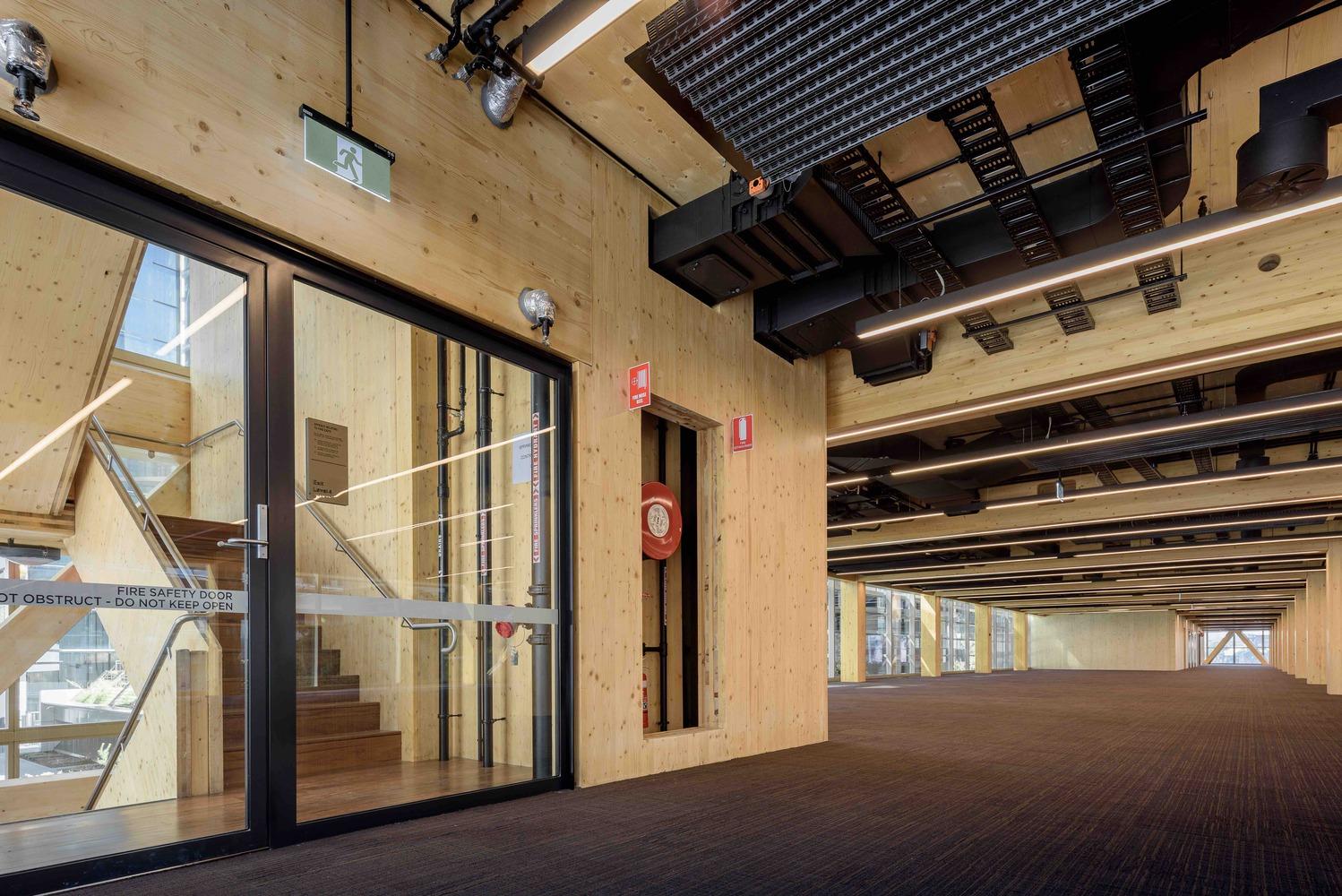 interior view of glulam and CLT components at Sydney's International House