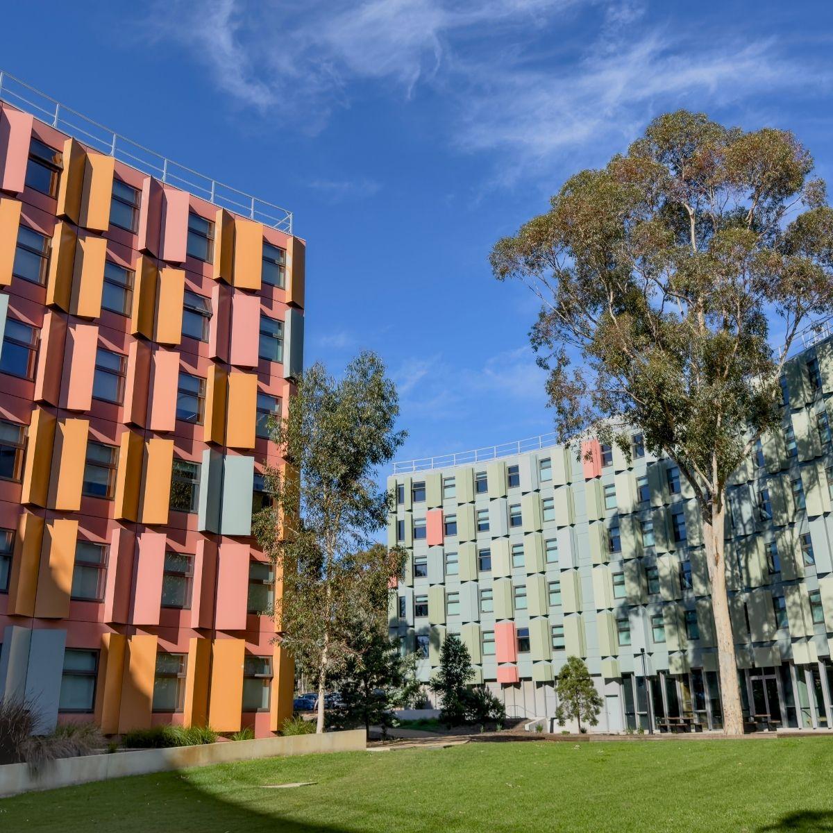 La Trobe University, North South Student Accommodation exterior showing two arc-shaped buildings