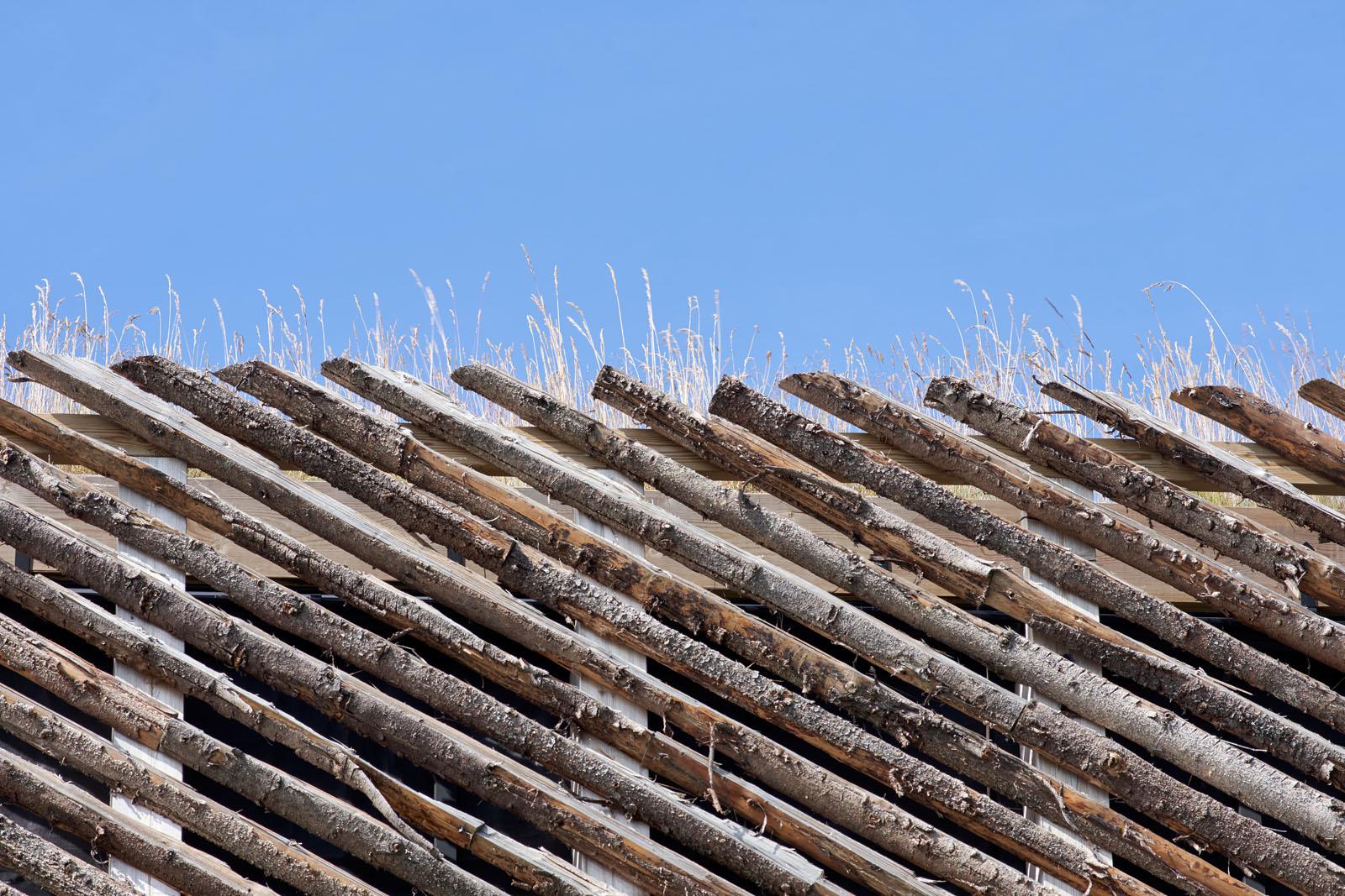 a roof of a building with a few logs