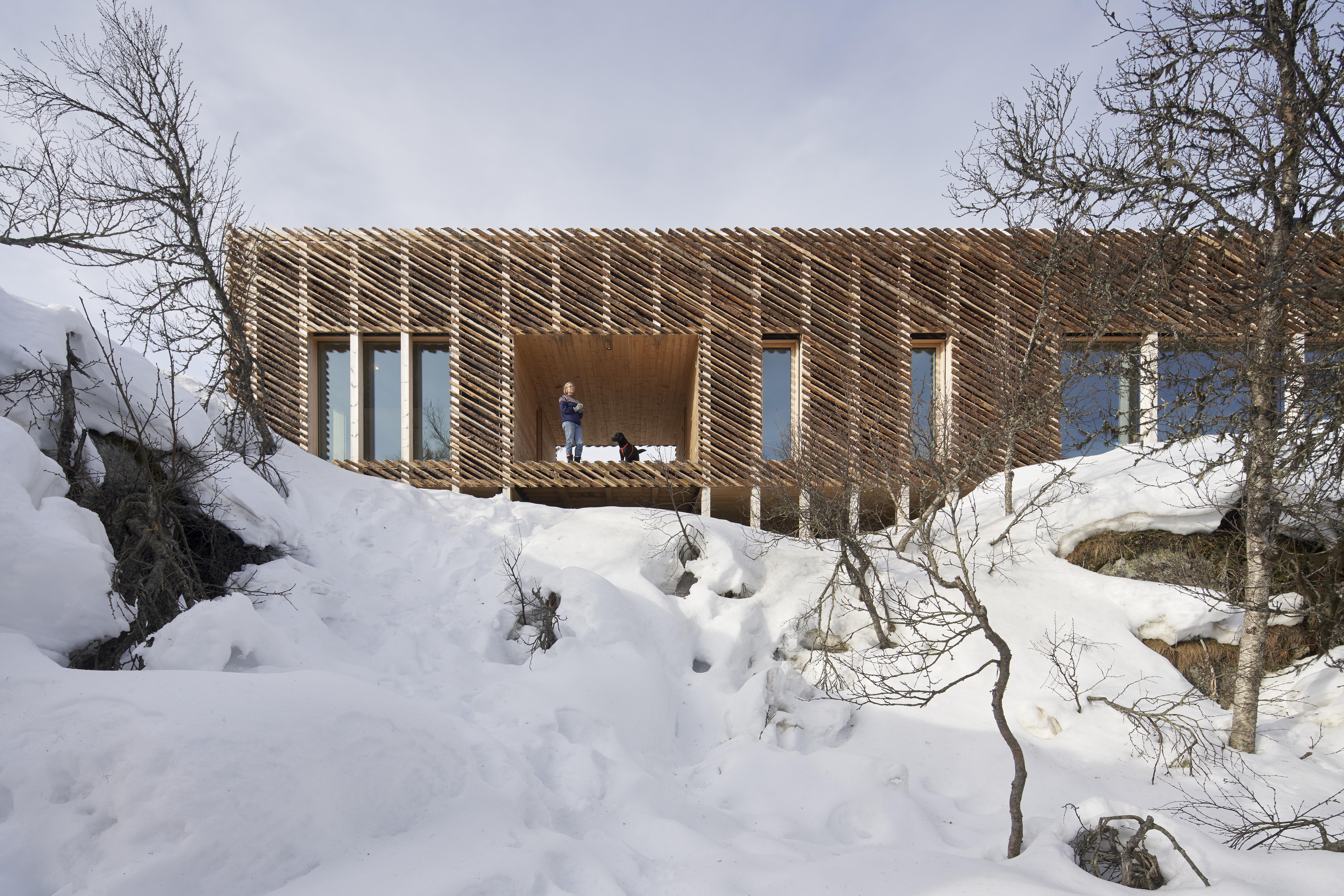 a building with a wooden structure in the snow