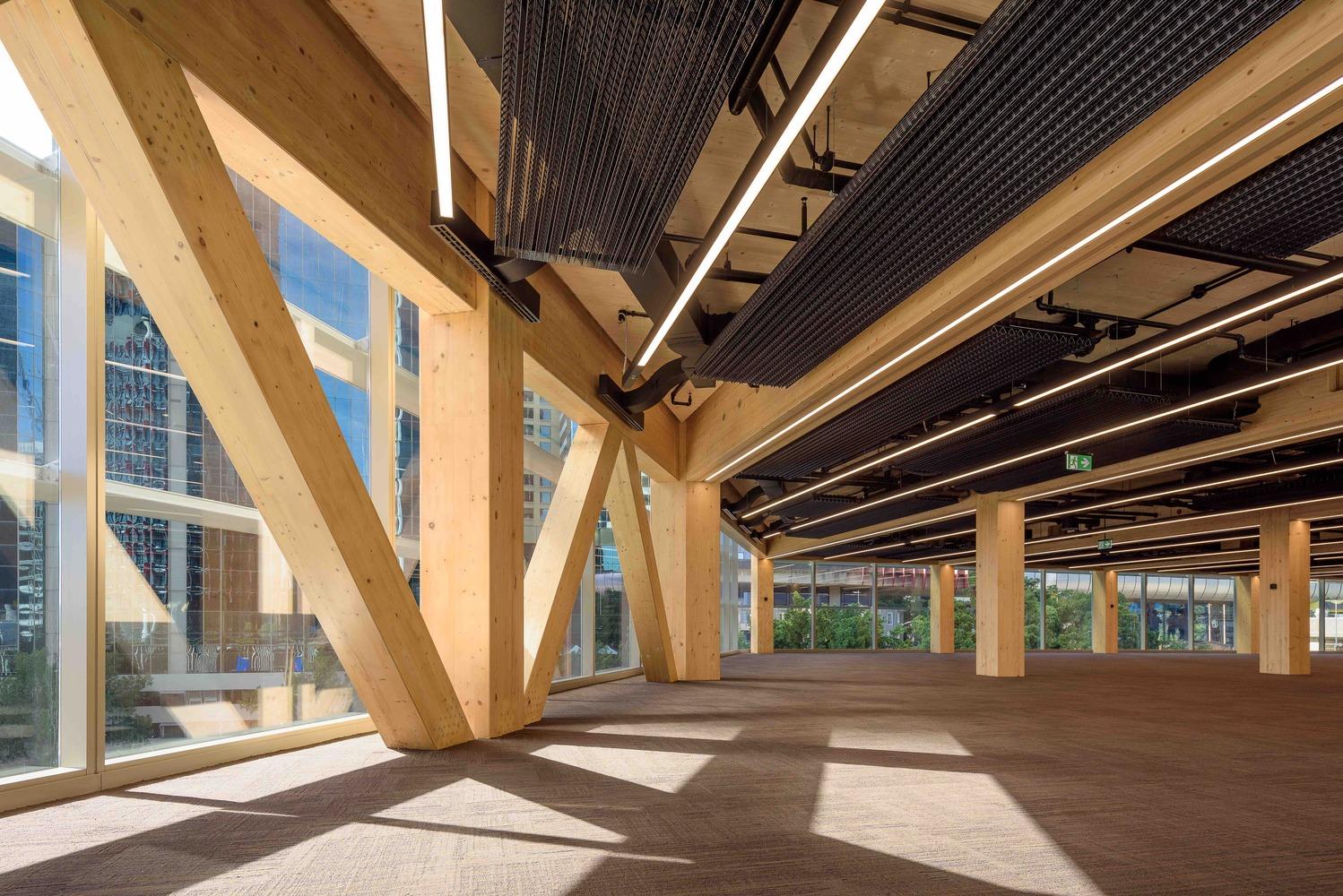 Interior view of glulam features at International House