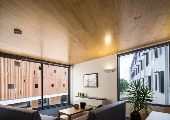 a room with a wood ceiling and a wood ceiling