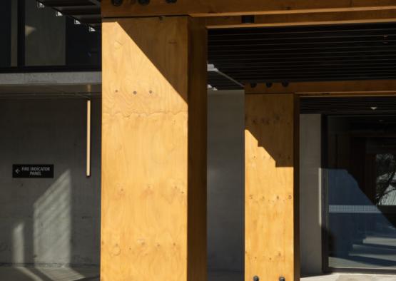 a wooden pillars in a building