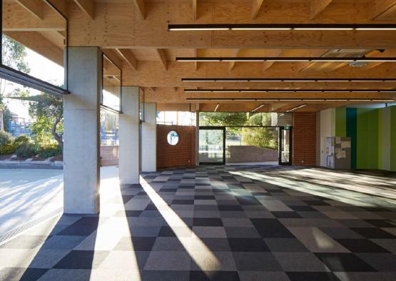 a large room with a checkered floor