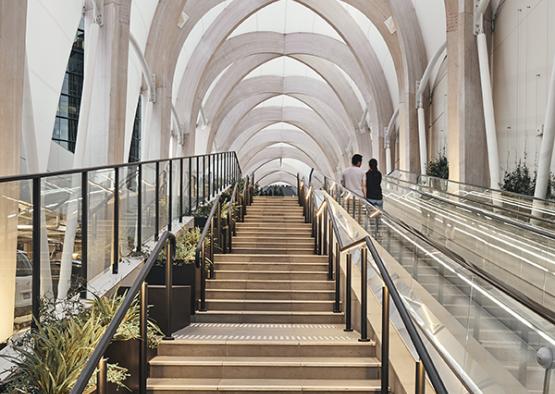 a staircase with a glass roof