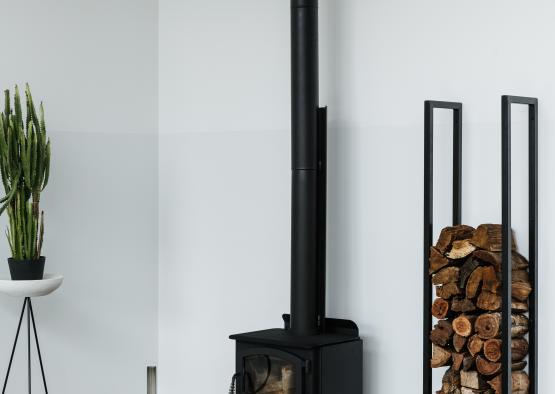 a wood stove in a room