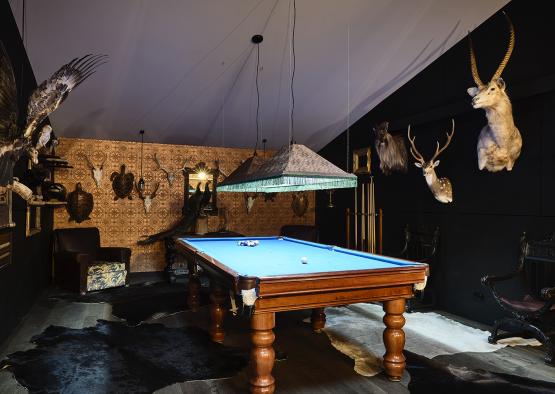 a pool table in a room with antlers and a black wall