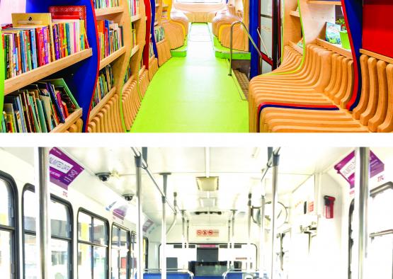 a bus with a library and a bus with a book shelf