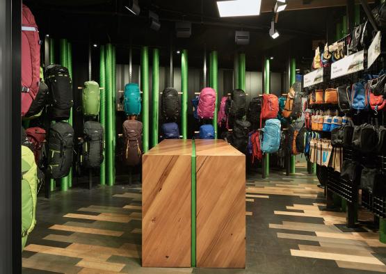 a store with backpacks and bags