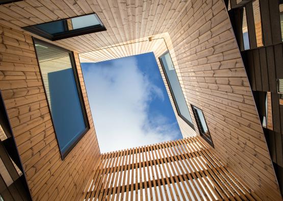 looking up at a skylight through a wood building