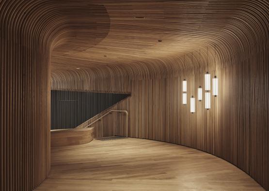 a wooden room with light fixtures