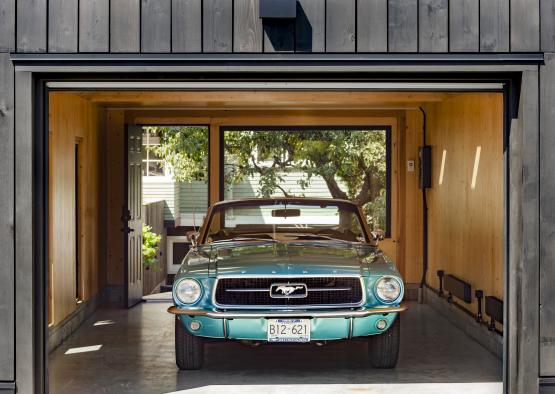 a car parked in a garage