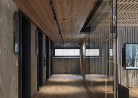 a glass walls and a wooden floor