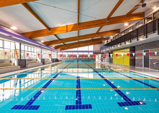 a swimming pool inside a building