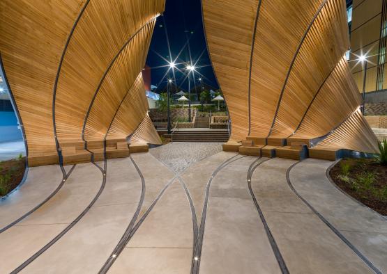 a walkway with curved wooden structures
