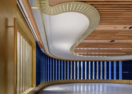 a room with a curved ceiling and a blue and gold ceiling