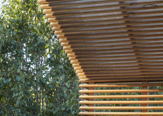 a wooden structure with trees in the background