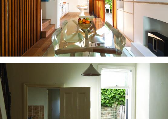 a collage of a kitchen and dining room