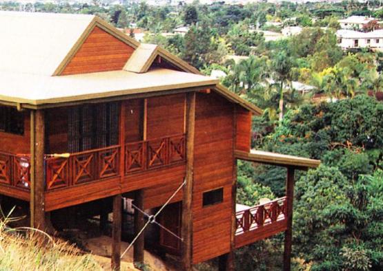 a person standing on a wooden house with Jim Thompson House in the background
