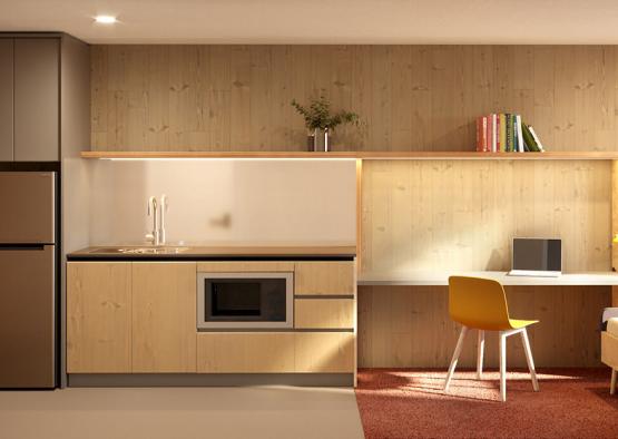 a kitchen with a desk and a chair