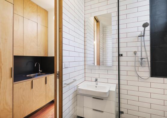 a bathroom with a sink and a shower