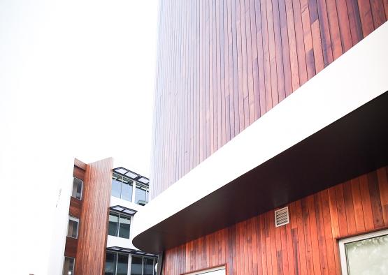 a building with a wood wall