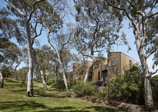 a building with trees around it