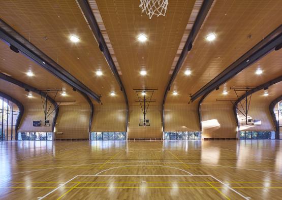 a basketball court inside a gym