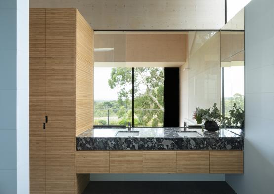 a bathroom with a large window